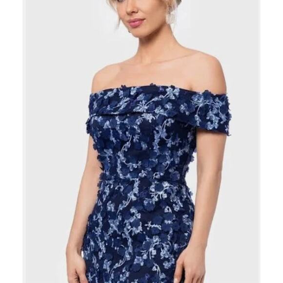XSCAPE Off-The-Shoulder Embroidered 3D Floral Lace Midi Dress Navy Sz 12/14 NWT - Picture 3 of 16